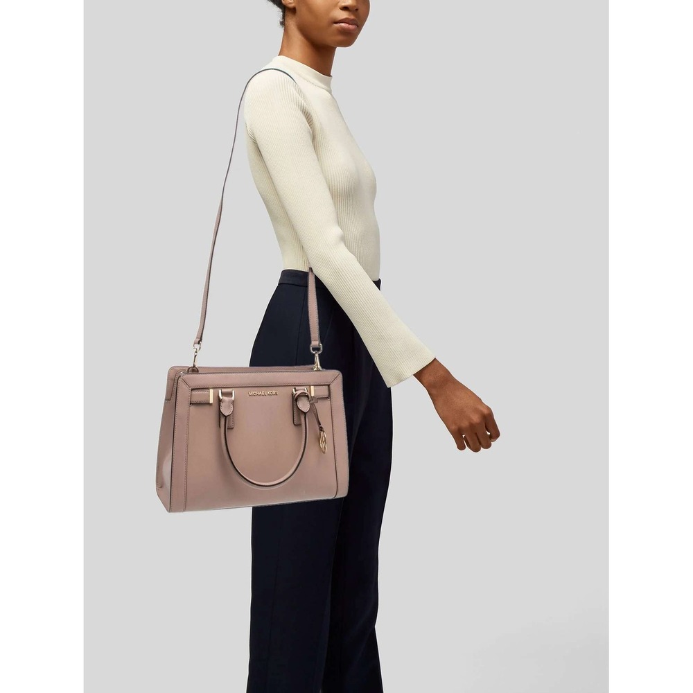 Michael Kors Dillon Saffiano Leather Satchel Crossbody Bag Tan Gold Hardware